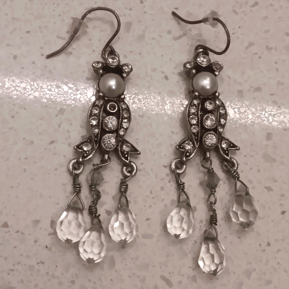 Crystal Faux Pearl Dangle Silvertone Earrings